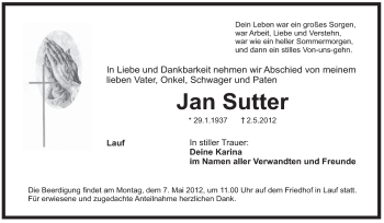 Traueranzeige von Jan Sutter von Pegnitz-Zeitung